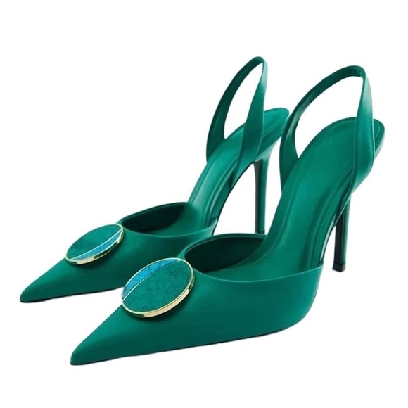 NWT Zara Heels Size 39 US 8 Green Slingback Pointed Toe Pumps Turquoise Leather - Picture 1 of 15